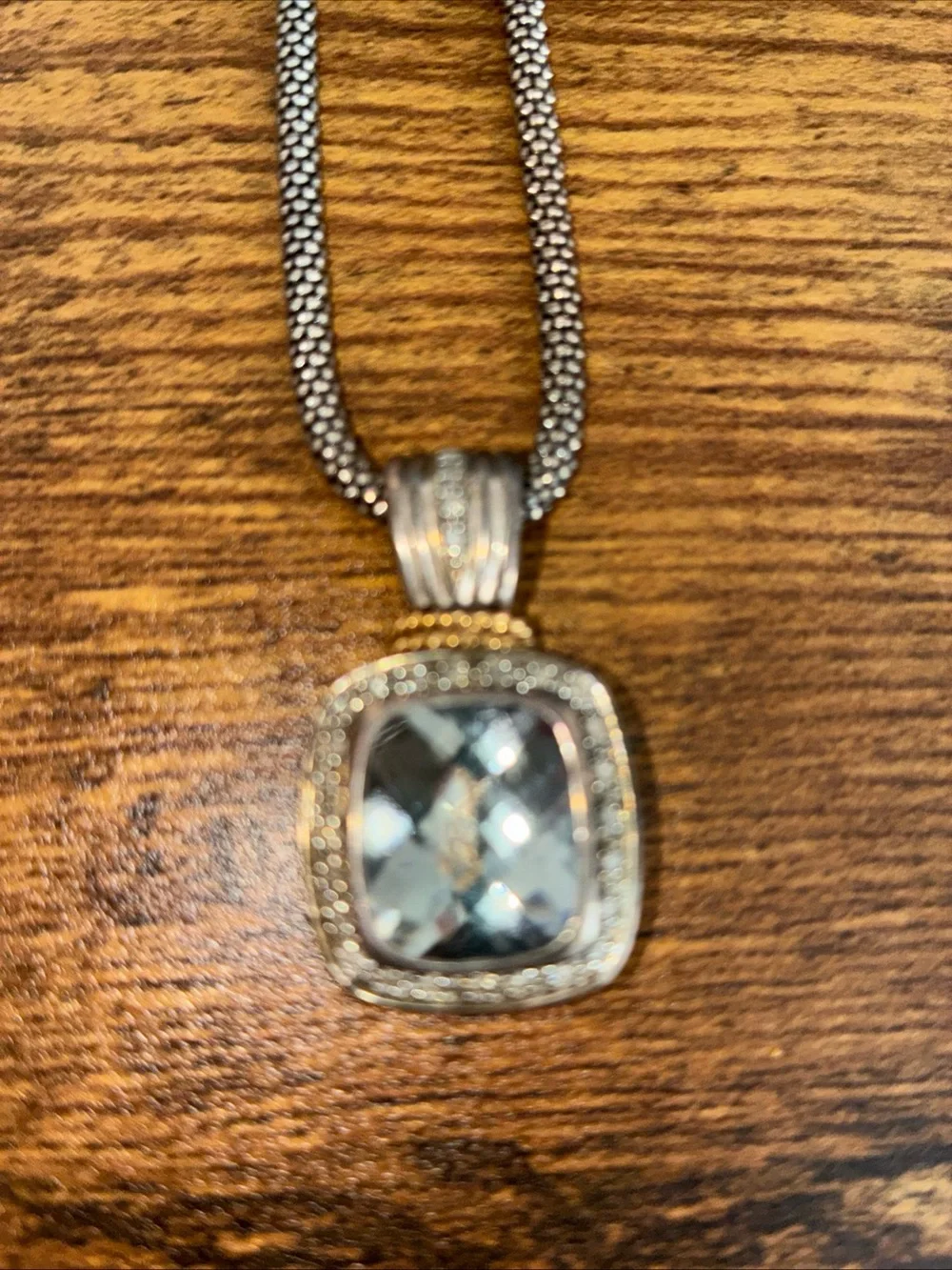 Silver-Tone Necklace with Blue-Green Faceted Pendant